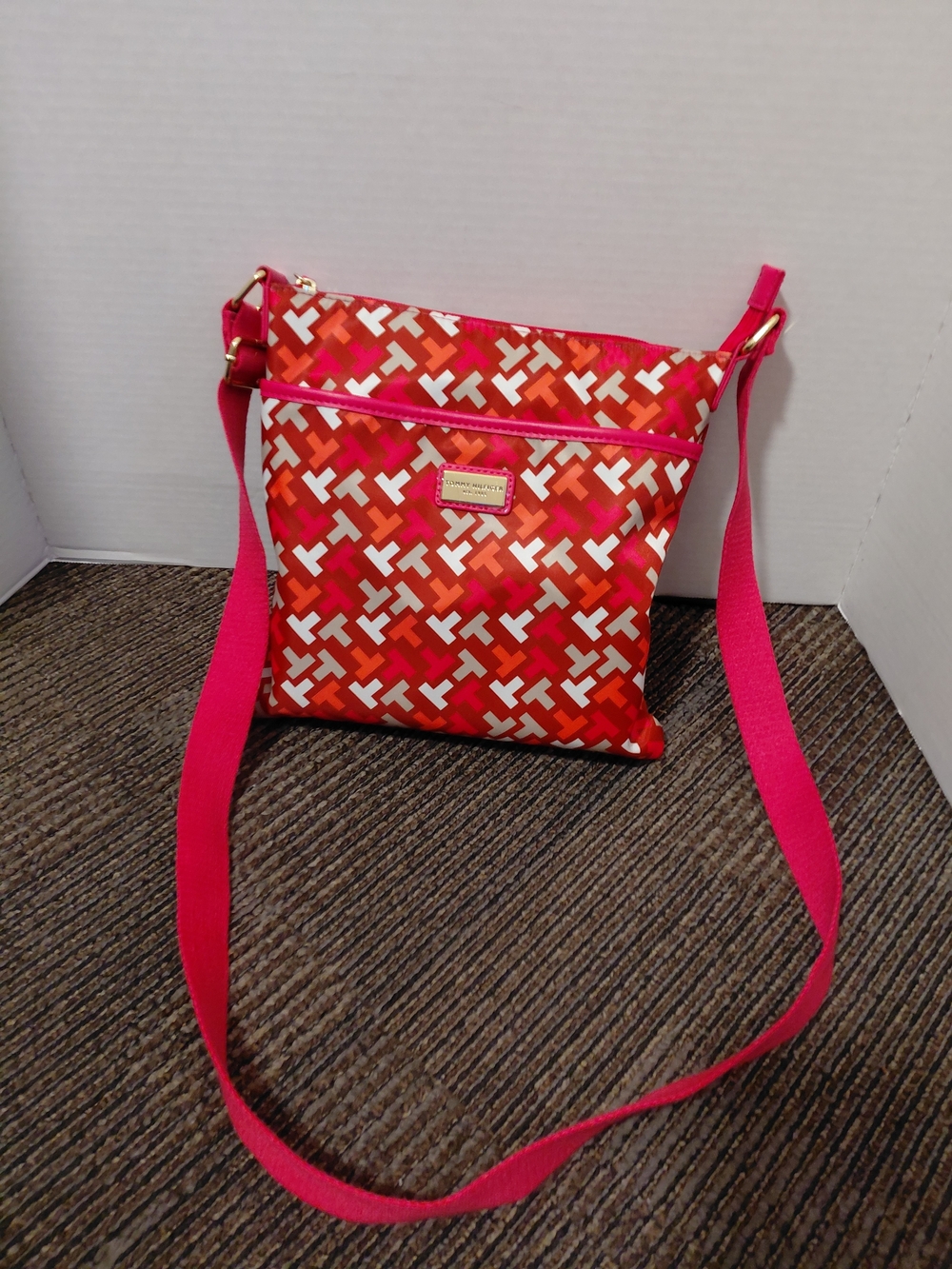 Tommy Hilfiger Pink and Orange Geometric Crossbody Bag